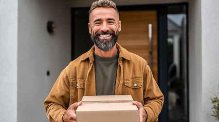 smiling delivery man holding cardboard box and looking at camera outside houseの素材