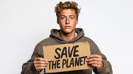 Young man holding a save the planet sign isolated on a white backgroundの素材
