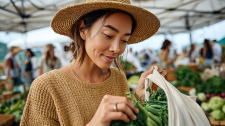 Portrait of a young asian woman holding a shopping bag with fresh vegetables.の素材