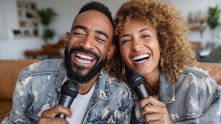 Happy african american couple singing karaoke together at homeの素材