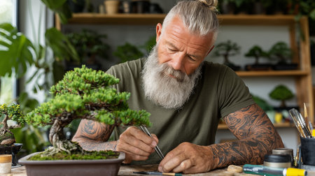 Senior man working with bonsai tree in his bonsai gardenの素材