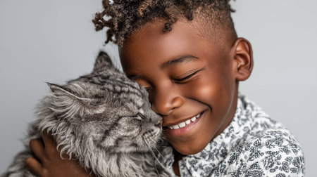 adorable african american boy hugging cute cat, isolated on grayの素材