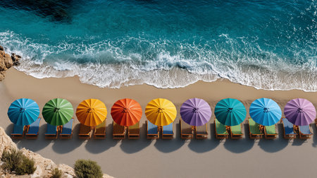 Aerial view of sunbeds and umbrellas on the beach.の素材