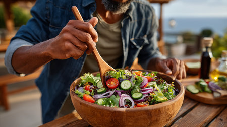 Close-up of african american man preparing salad in wooden bowlの素材