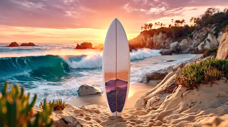 Surfboard on the beach at sunset. Beautiful natural background.の素材