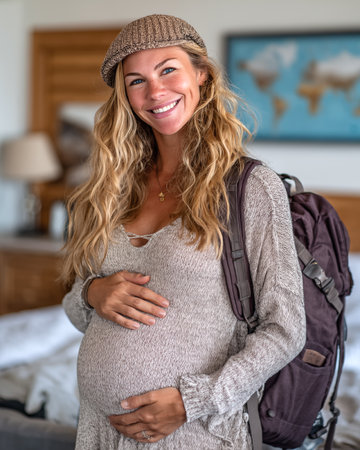 Portrait of smiling pregnant woman with backpack and hat standing at homeの素材