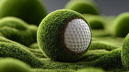 Golf ball on green grass. 3D illustration. Close-up.の素材
