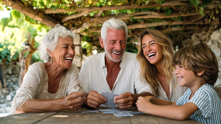 Portrait of happy family playing cards in vineyard on a sunny dayの素材