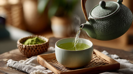 Pouring matcha green tea into a bowl, close-upの素材