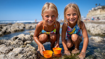 Adorable little girls playing with water at the beach on a sunny dayの素材