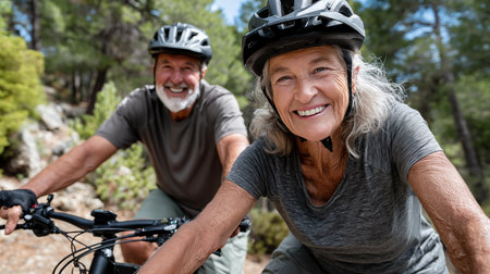 Portrait of happy senior couple riding bicycle in forest on a sunny dayの素材