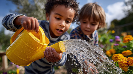 Children watering flowers in the garden on a sunny day. Selective focus.の素材