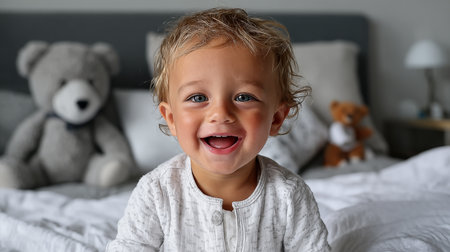 Cute little boy with blond hair and blue eyes smiling on bedの素材