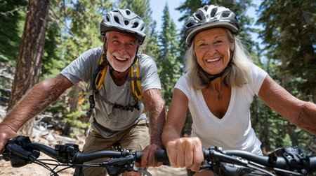 Happy senior couple riding mountain bike in the forest on a sunny dayの素材