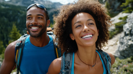 Portrait of happy african american couple with backpacks looking at camera in mountainsの素材