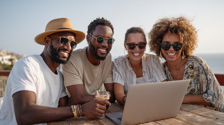 Group of happy friends using laptop while sitting on a terrace at the beachの素材