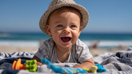 Portrait of a cute baby boy on the beach at summer dayの素材