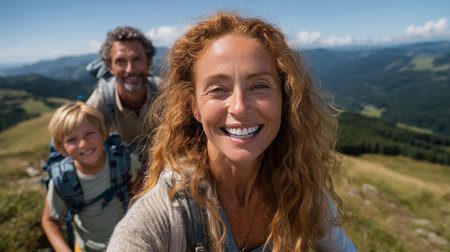 Portrait of happy mother with son on top of mountain during summer vacationの素材