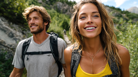 Portrait of happy young couple with backpacks standing on mountain trailの素材