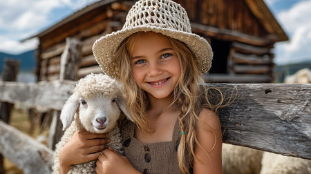Portrait of a cute little girl in a straw hat with a white sheep on the farmの素材