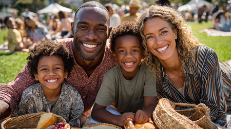 Portrait of happy family having picnic in park on a sunny dayの素材