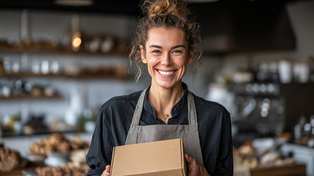 Portrait of a smiling female staff holding a box in a bakeryの素材