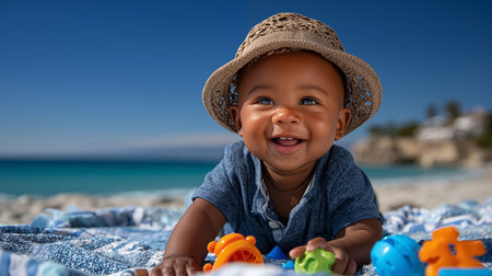 Cute african american baby boy playing with toys at beachの素材