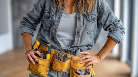 cropped shot of handyman holding tool belt in new modern houseの素材