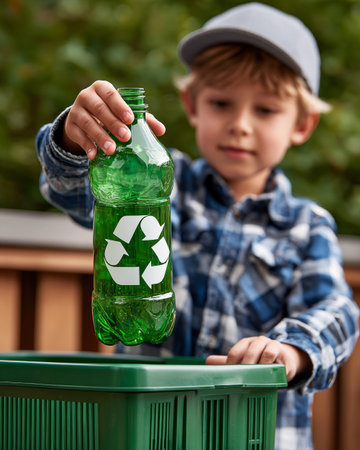 Close-up portrait of a boy holding a green recycling bottle in his handsの素材