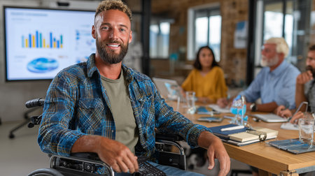 Portrait of smiling businessman in wheelchair in office with colleagues in backgroundの素材