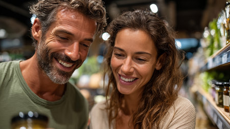 Portrait of smiling couple looking at each other while shopping in supermarketの素材