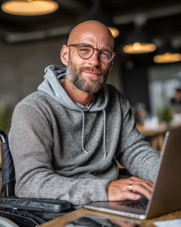 Portrait of smiling senior man in wheelchair working on laptop in cafeの素材