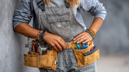 Cropped image of female construction worker in overalls holding tool beltの素材
