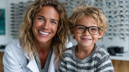 Portrait of smiling mother and son looking at camera in optics storeの素材