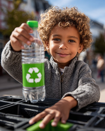 smiling african american boy with recycle bin and plastic bottle in cityの素材