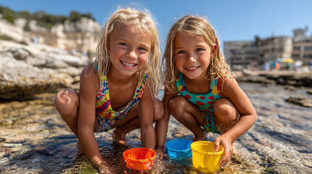 Portrait of two cute little girls playing with plastic buckets on the beachの素材