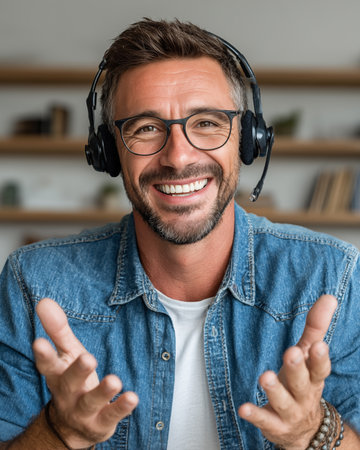 portrait of smiling mature man in eyeglasses and headphones gesturing at homeの素材