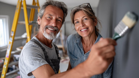 Portrait of a happy mature couple painting wall in their new homeの素材