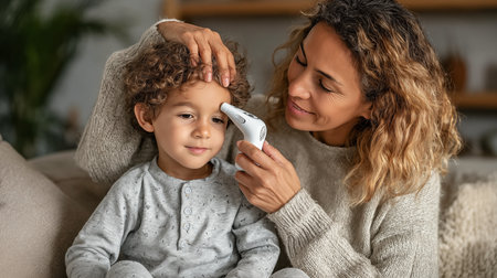 mother and daughter using digital thermometer while sitting on sofa at homeの素材