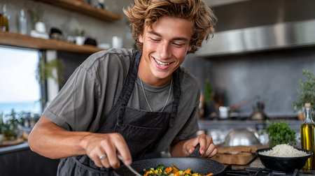 Cheerful young man preparing vegetable salad in the kitchen at homeの素材