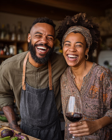 Portrait of happy african american couple looking at camera and smiling while holding glass of red wine at homeの素材