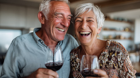 Portrait of happy senior couple toasting with red wine at homeの素材