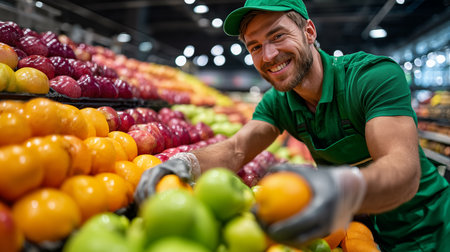Portrait of a smiling male worker in a supermarket or hypermarketの素材