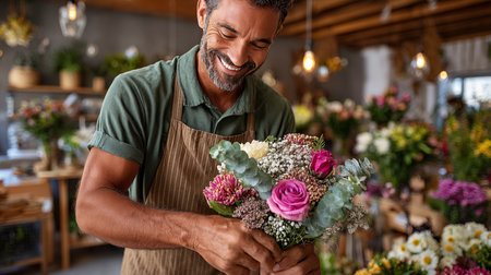Portrait of smiling male florist holding beautiful bouquet in flower shopの素材