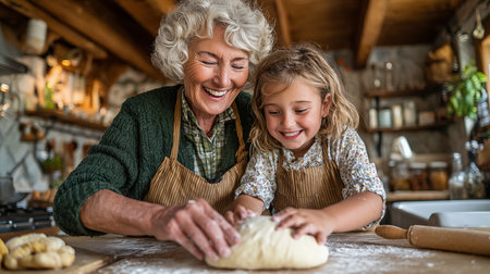 Grandmother and granddaughter kneading dough together in kitchen at homeの素材