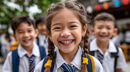 Portrait of happy asian elementary school students smiling and looking at cameraの素材