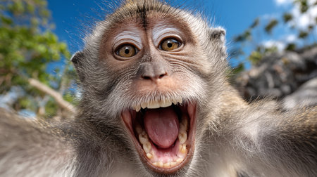 Monkey with open mouth on a background of blue sky. Close-up.の素材