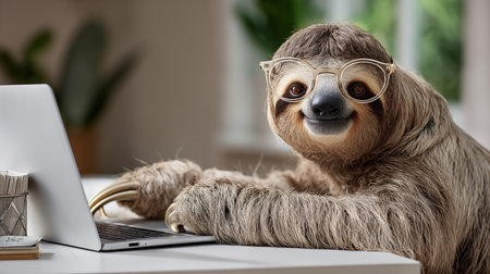 Cute sloth with eyeglasses working on laptop at homeの素材