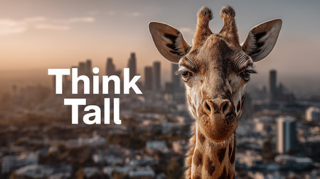 Giraffe head with cityscape background and think tall text.の素材