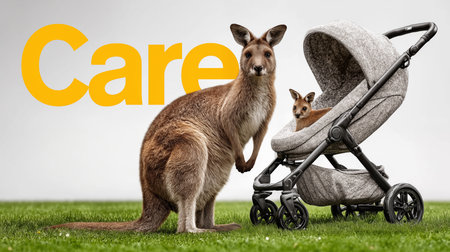 Kangaroo family with baby stroller on green grass. Word careの素材